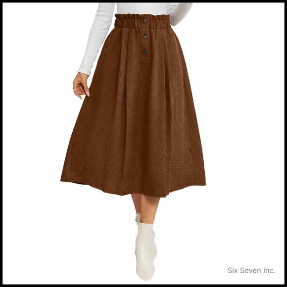 Corduroy A-Line Midi Skirt High Waisted Pleated Chic Retro Fall Winter